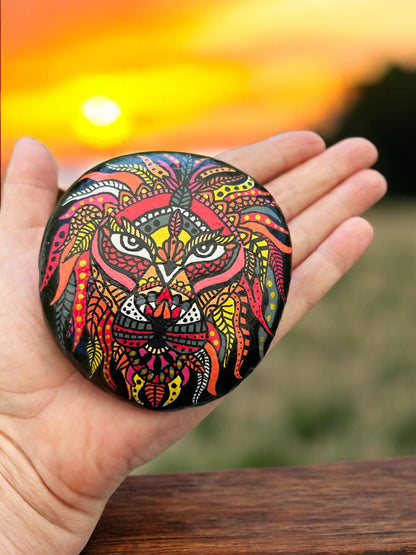 Hand-Painted Lion Stone Paperweight | Boho Beach Decor | Unique Gift | Customizable Pebble Art