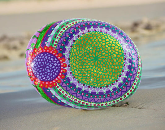 Handpainted Mandala Stone | Green and Purple Boho Decor | Paperweight | Lucky Stone | Beach Pebble Art