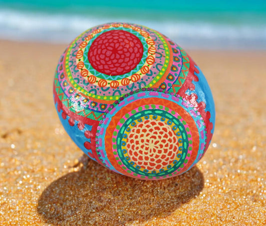 Handpainted Mandala Stone | Blue Orange Boho Decor | Lucky Charm Paperweight | Baltic Sea Pebble Art