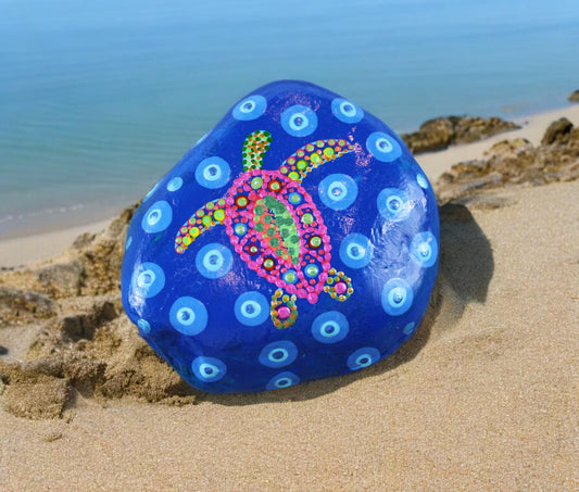 Handpainted Sea Turtle Pebble Art | TURTLE POP Boho Beach Stone Decor | Unique Ocean-Inspired Paperweight