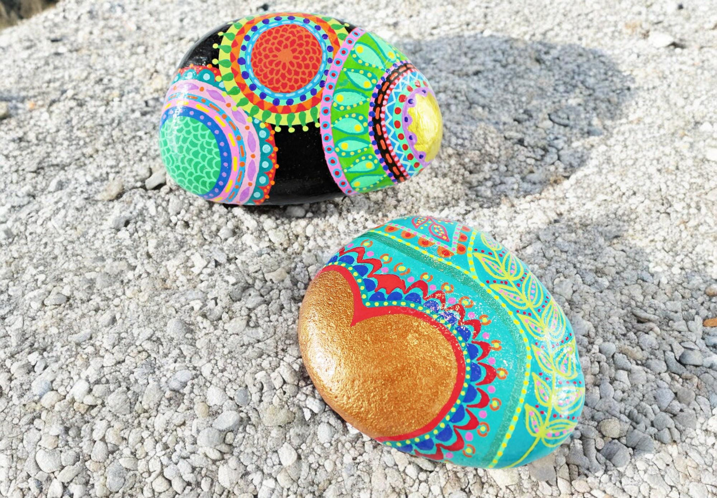 Handpainted Mandala Neon Stone | Boho Beach Pebble Art | Decorative Paperweight