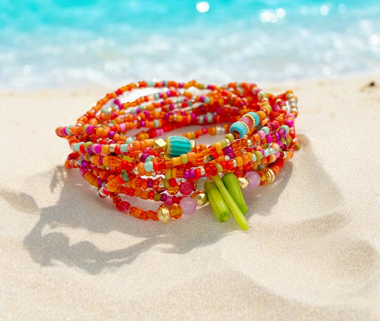 Colorful Boho Wrap Bracelet | BRIGHT BEACH Beaded Jewelry for Women | Coral and Turquoise Ibiza Style Multi-Strand Bracelet