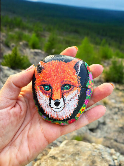 Hand-Painted Fox Stone | Bohemian Beach Pebble Art | Unique Paperweight | Lucky Stone Gift | Boho Home Decor