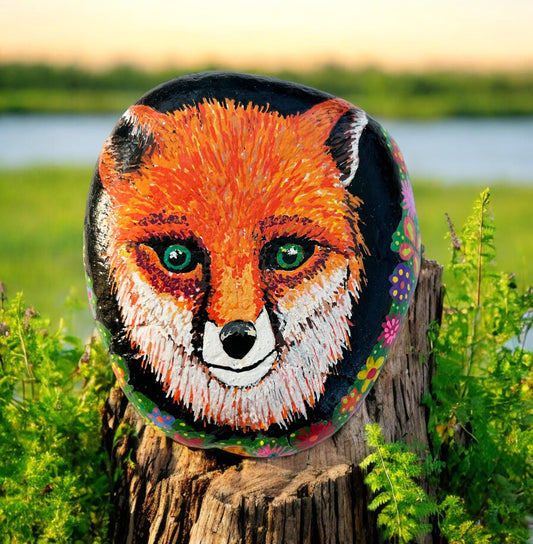 Hand-Painted Fox Stone | Bohemian Beach Pebble Art | Unique Paperweight | Lucky Stone Gift | Boho Home Decor