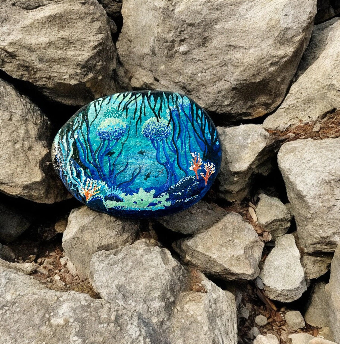 Handpainted Underwater World Stone | Unique Boho Decor | Personalized Beach Pebble Art | Baltic Sea Paperweight