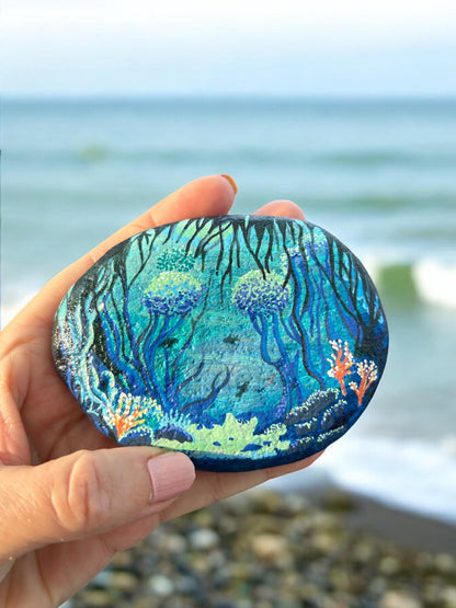 Handpainted Underwater World Stone | Unique Boho Decor | Personalized Beach Pebble Art | Baltic Sea Paperweight