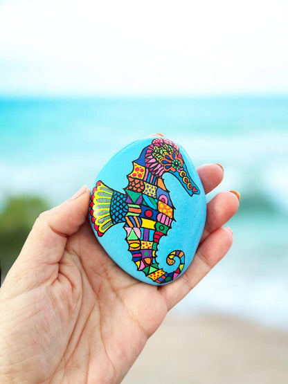 Handpainted Seahorse Pebble Art | Blue Ocean Stone Paperweight | Boho Beach Decor | Unique Gift