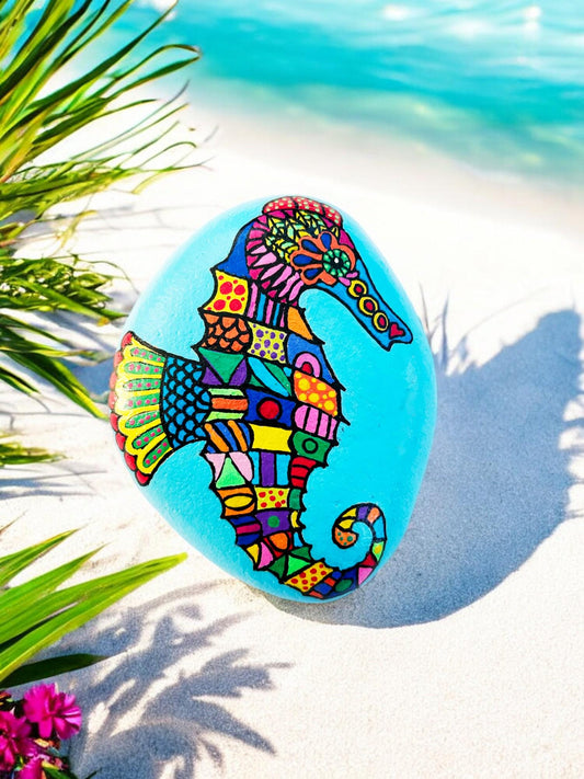 Handpainted Seahorse Pebble Art | Blue Ocean Stone Paperweight | Boho Beach Decor | Unique Gift