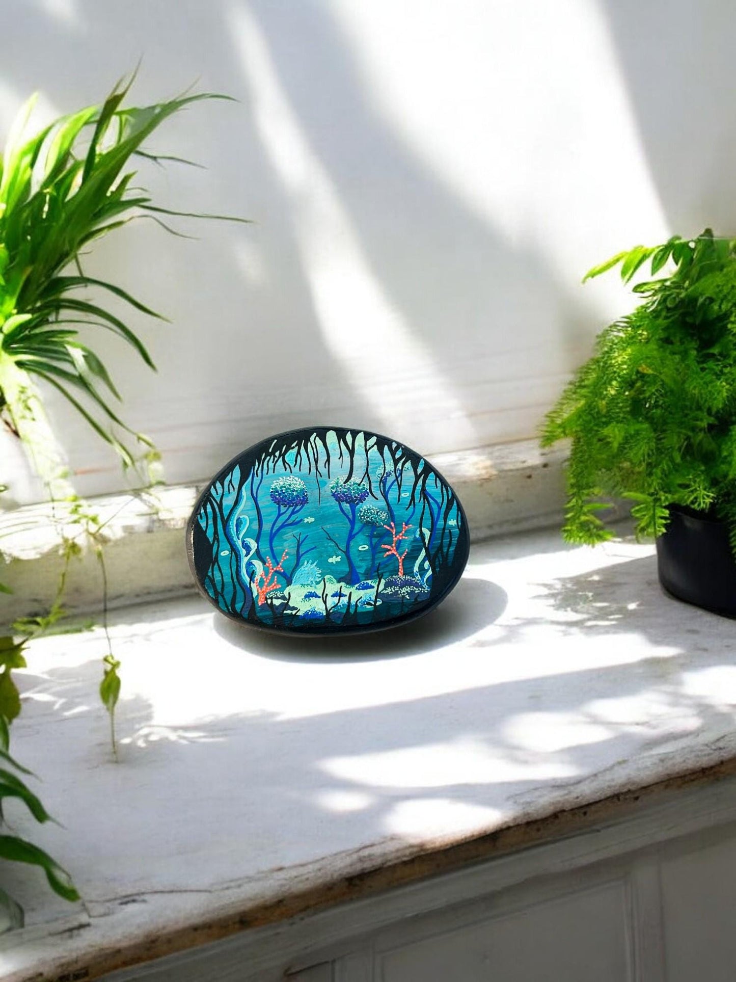 Handpainted Underwater World Marble Stone | Boho Paperweight Decor | Unique Gift