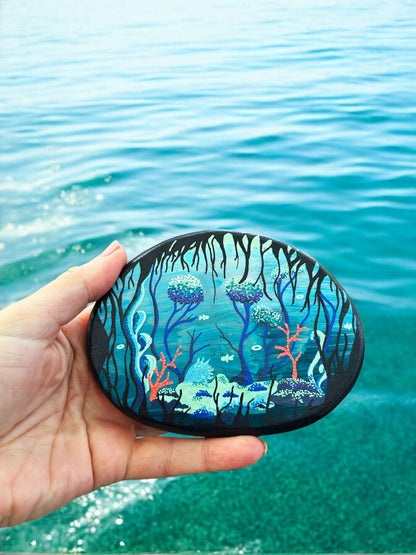 Handpainted Underwater World Marble Stone | Boho Paperweight Decor | Unique Gift