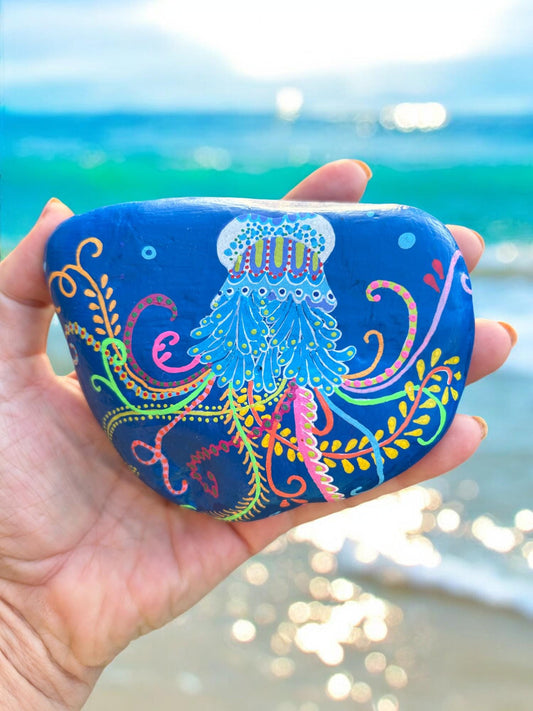 Handpainted Jellyfish Stone Art | Large Baltic Sea Pebble Paperweight | Boho Decor