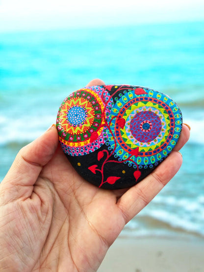 Handpainted Mandala Beach Stone | Boho Decor | Paperweight | Lucky Stone | Unique Gift