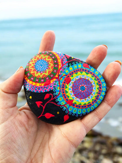 Handpainted Mandala Beach Stone | Boho Decor | Paperweight | Lucky Stone | Unique Gift