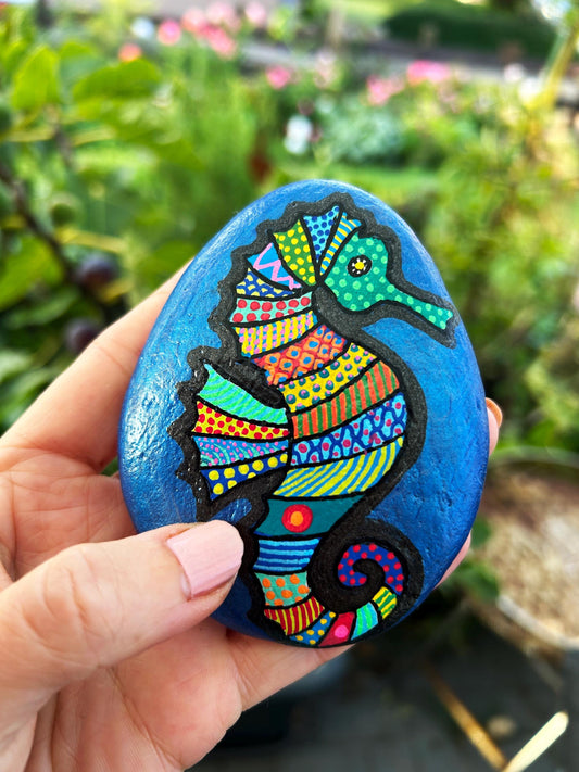 Handpainted Blue Seahorse Stone | Boho Beach Pebble Art | Decorative Paperweight | Lucky Charm Gift