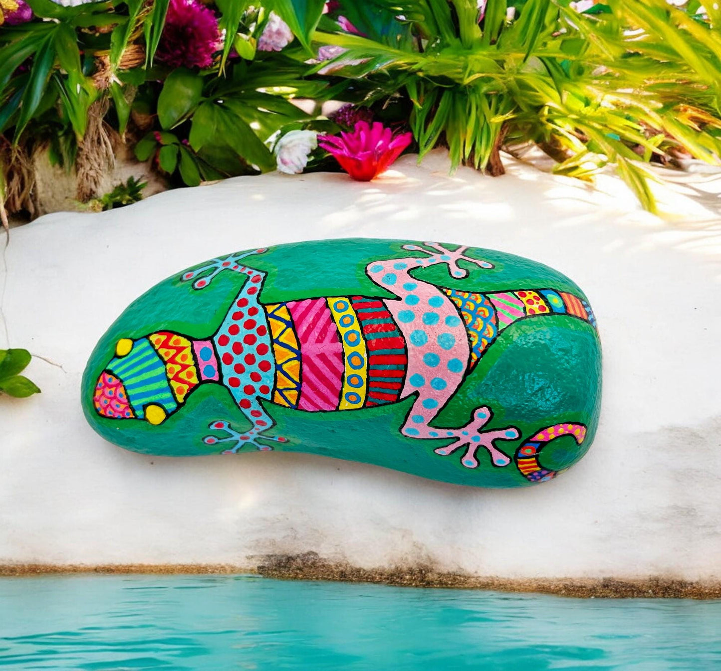 Handpainted Gecko Stone Paperweight | Boho Beach Decor | Unique Painted Rock Art