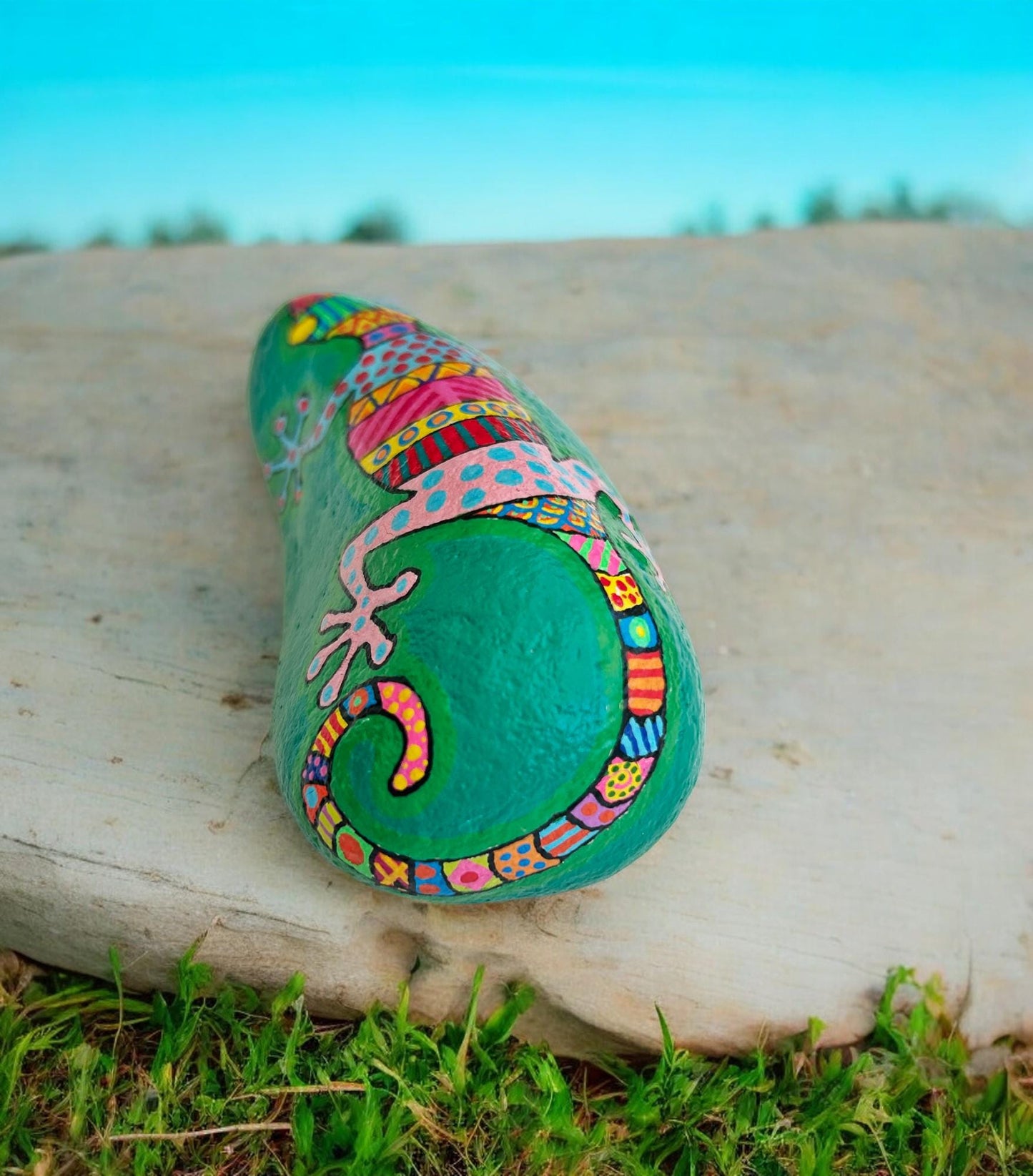 Handpainted Gecko Stone Paperweight | Boho Beach Decor | Unique Painted Rock Art