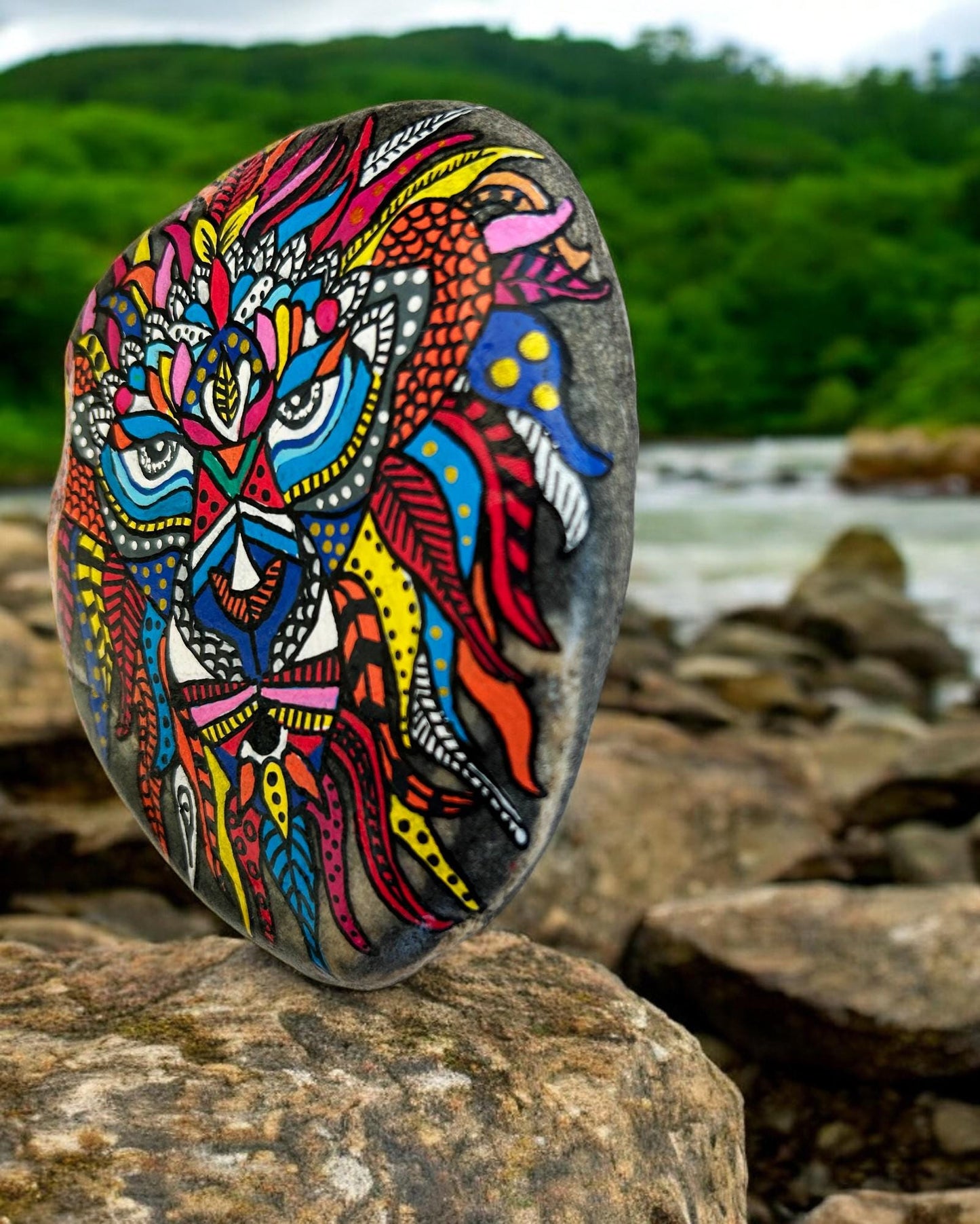 Painted Lion Stone Paperweight | Blue Boho Beach Pebble Art | Handcrafted Ocean Rock Decor