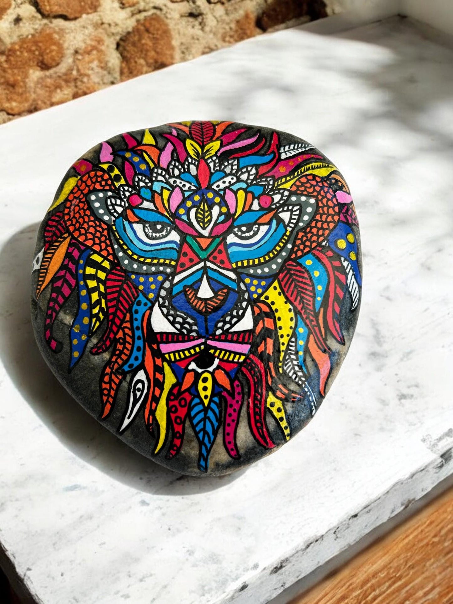 Painted Lion Stone Paperweight | Blue Boho Beach Pebble Art | Handcrafted Ocean Rock Decor