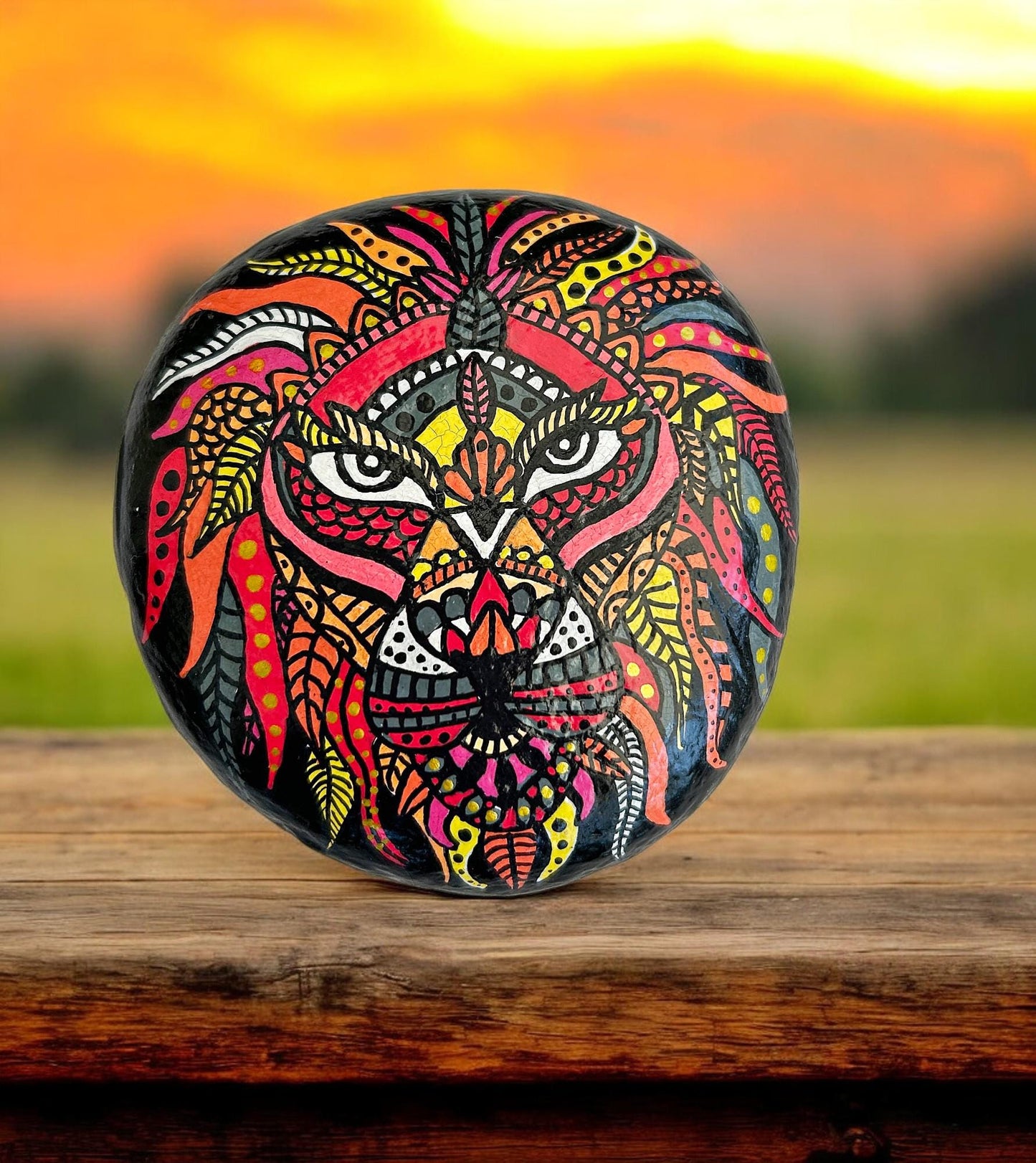 Hand-Painted Lion Stone Paperweight | Boho Beach Decor | Unique Gift | Customizable Pebble Art