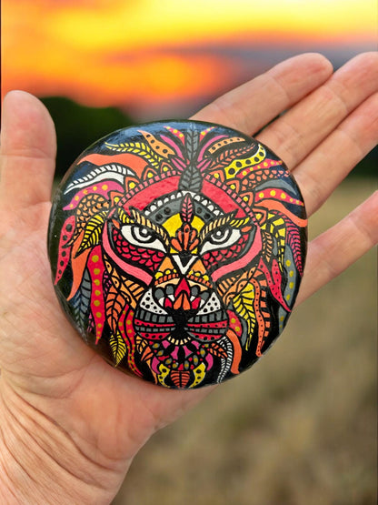 Hand-Painted Lion Stone Paperweight | Boho Beach Decor | Unique Gift | Customizable Pebble Art