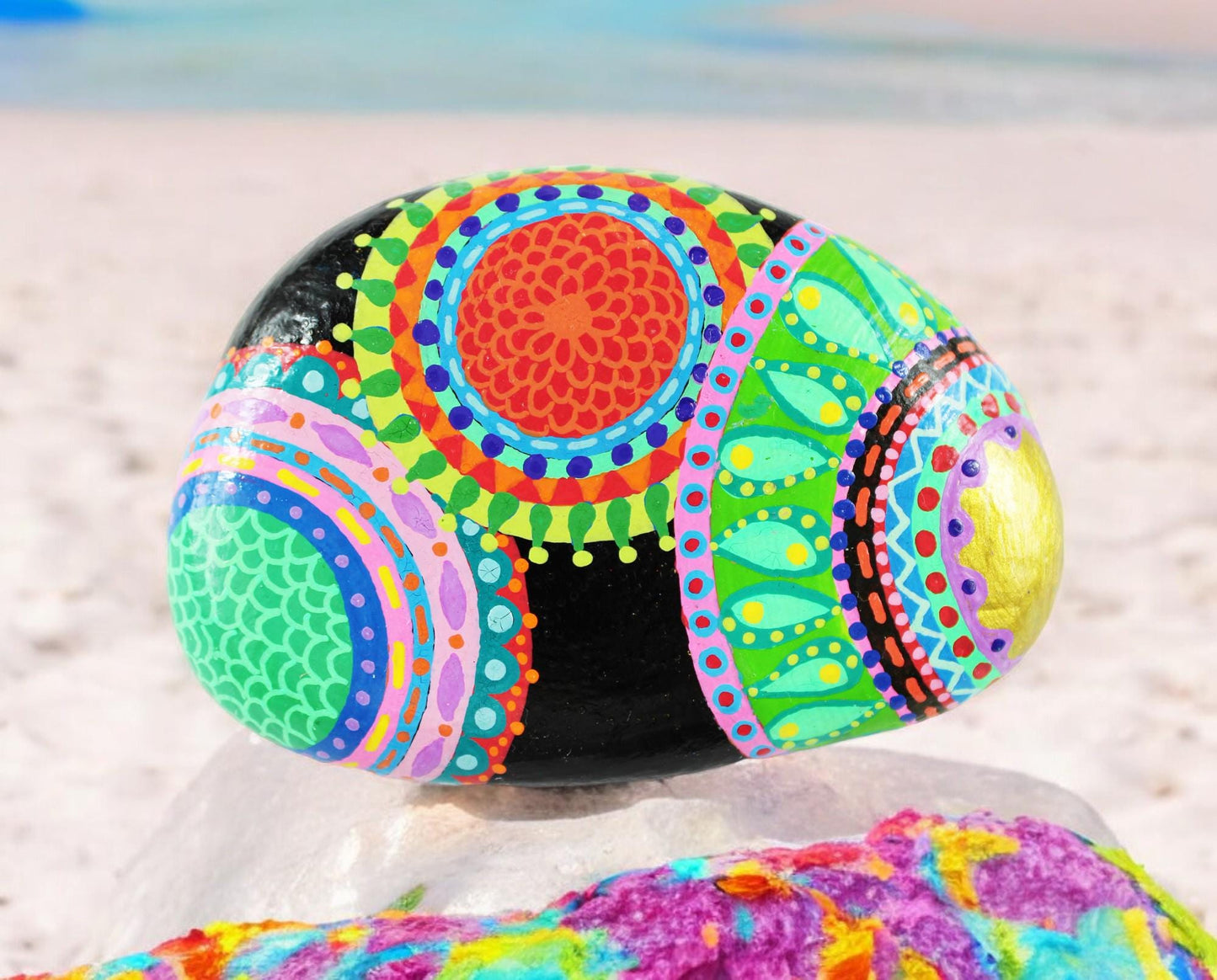 Handpainted Mandala Neon Stone | Boho Beach Pebble Art | Decorative Paperweight