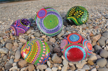 Handpainted Mandala Neon Stone | Boho Beach Pebble Art | Decorative Paperweight