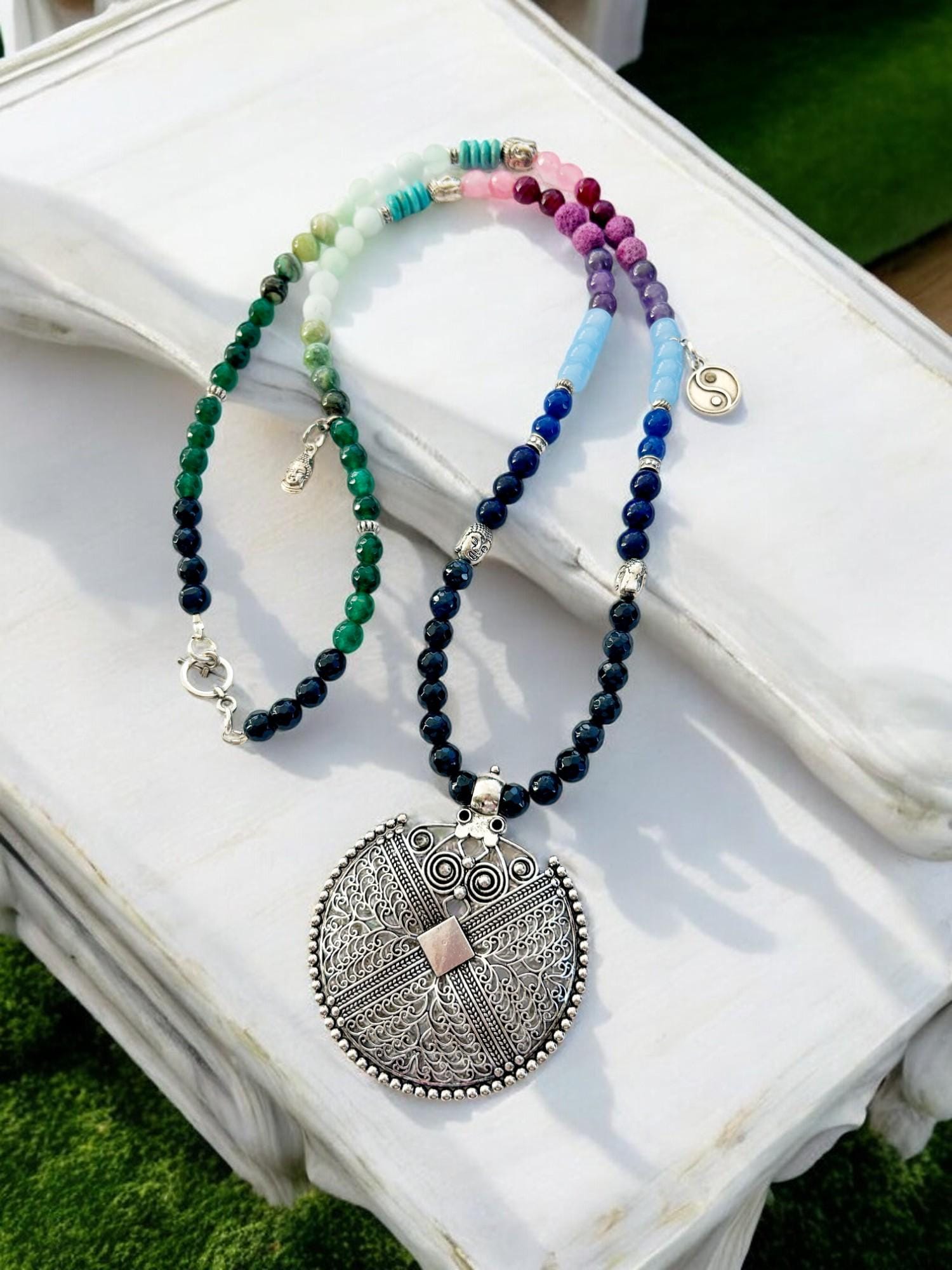 Long Buddha gemstone necklace