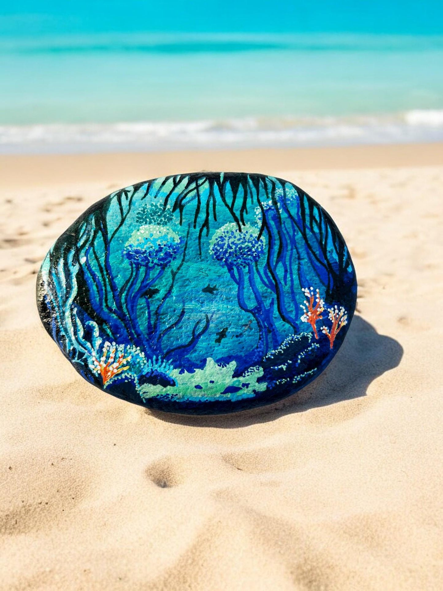 Handpainted Underwater World Stone | Unique Boho Decor | Personalized Beach Pebble Art | Baltic Sea Paperweight