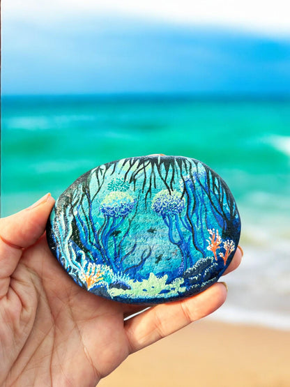 Handpainted Underwater World Stone | Unique Boho Decor | Personalized Beach Pebble Art | Baltic Sea Paperweight