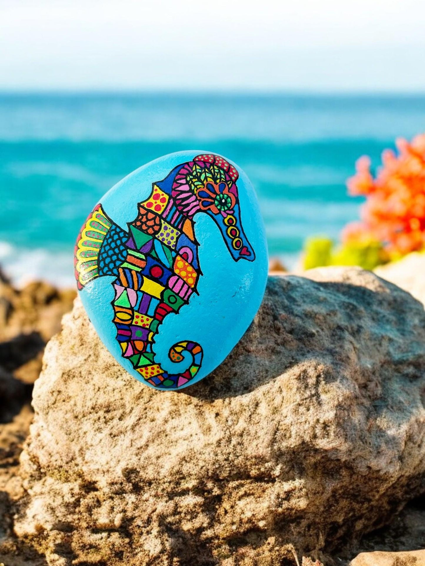 Handpainted Seahorse Pebble Art | Blue Ocean Stone Paperweight | Boho Beach Decor | Unique Gift