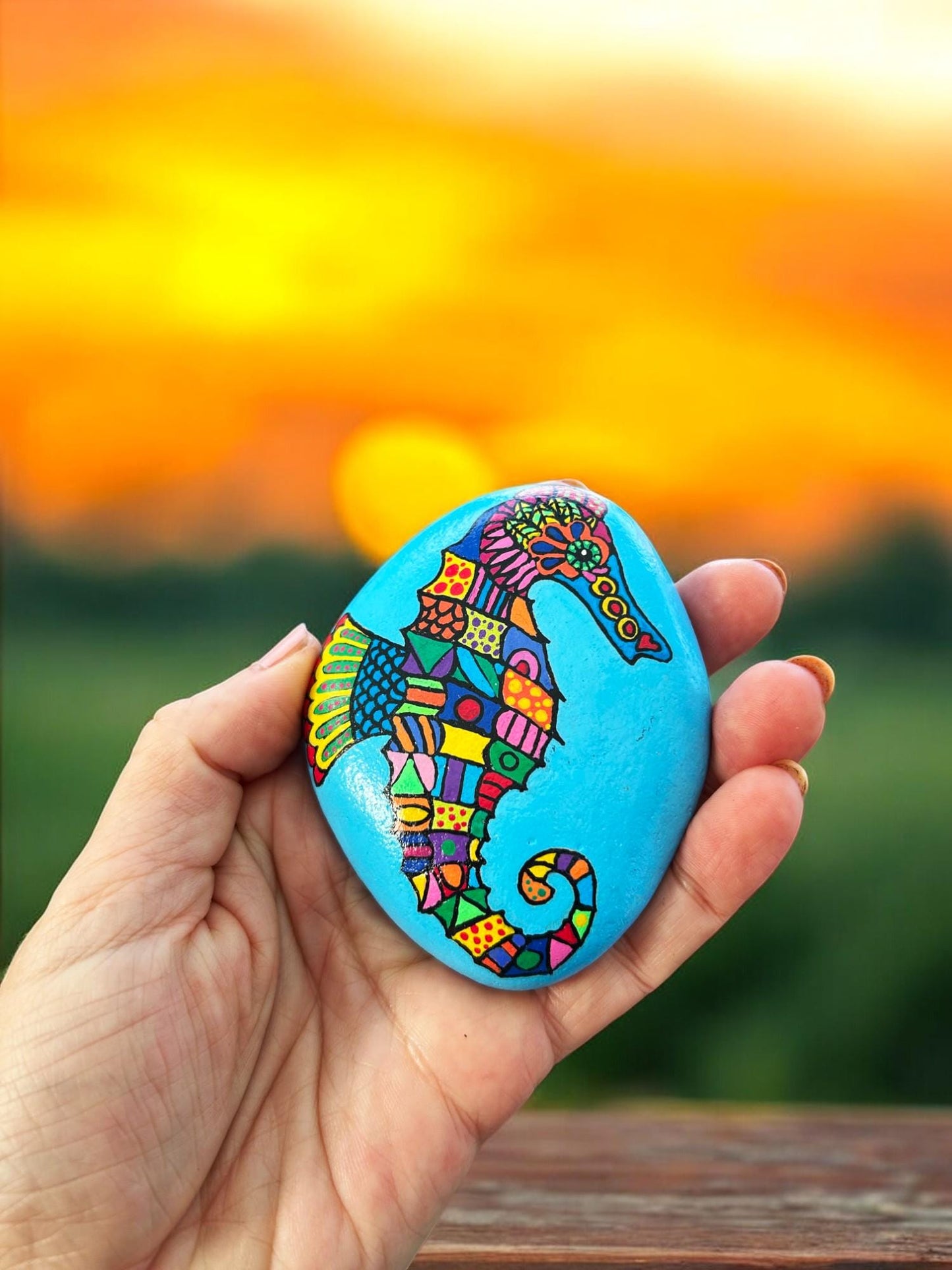 Handpainted Seahorse Pebble Art | Blue Ocean Stone Paperweight | Boho Beach Decor | Unique Gift