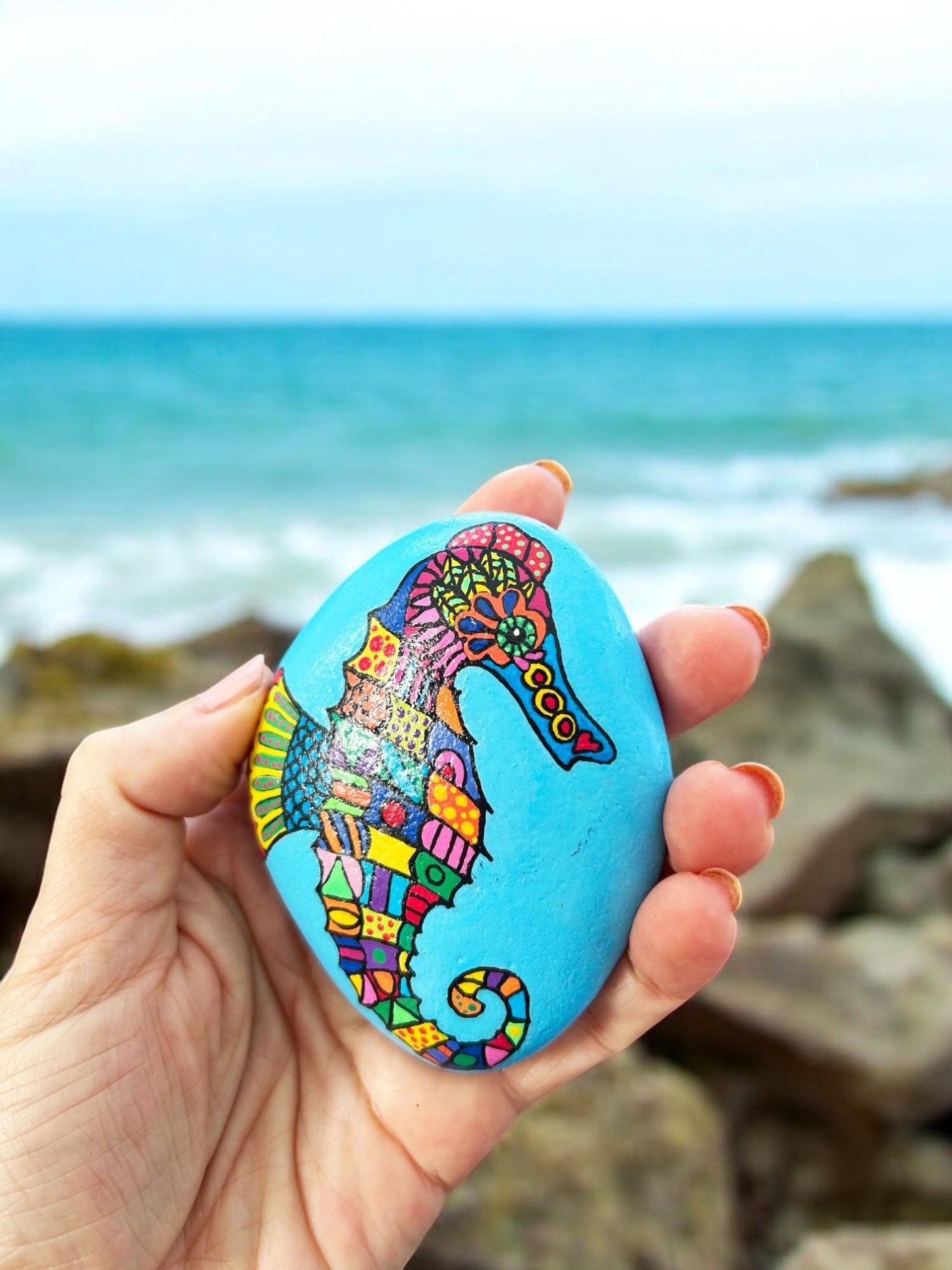 Handpainted Seahorse Pebble Art | Blue Ocean Stone Paperweight | Boho Beach Decor | Unique Gift