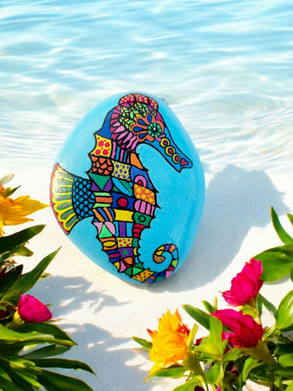 Handpainted Seahorse Pebble Art | Blue Ocean Stone Paperweight | Boho Beach Decor | Unique Gift